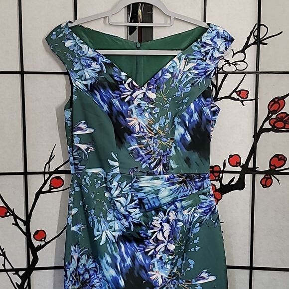 Karen Millen Womens Back Zip V Neck Floral Sheath Dress Green Blue Size 8 - Picture 3 of 11